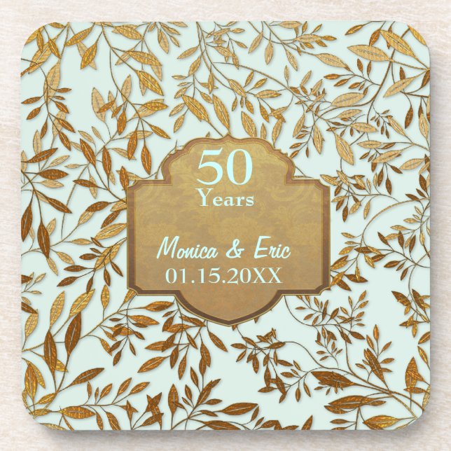 Posavasos Hojas de oro 50° aniversario Boda (Frente)