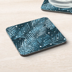 Posavasos Hojas de palma en azul con puntos de polka blanco.