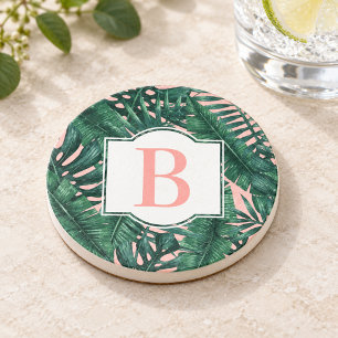 Posavasos Hojas de Palma Verde Tropical Coral Monograma
