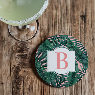 Posavasos Hojas de Palma Verde Tropical Coral Monograma