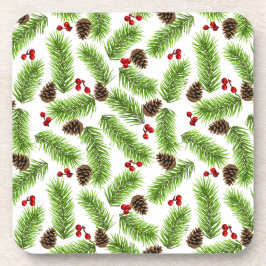 Posavasos Hojas de pino verdes de Navidad, conos y bayas roj