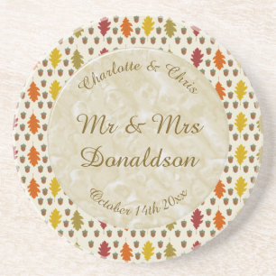 Posavasos Hojas de roble y bellotas caen boda de otoño perso