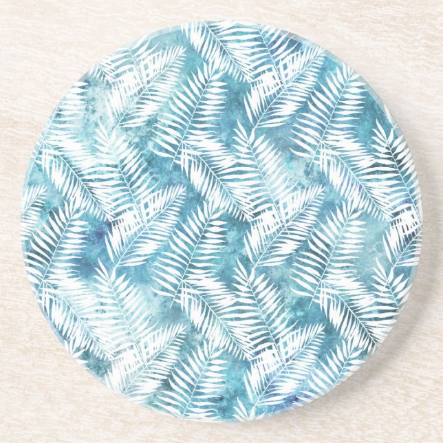 Posavasos Hojas tropicales blancas azules de Aqua (Frente)