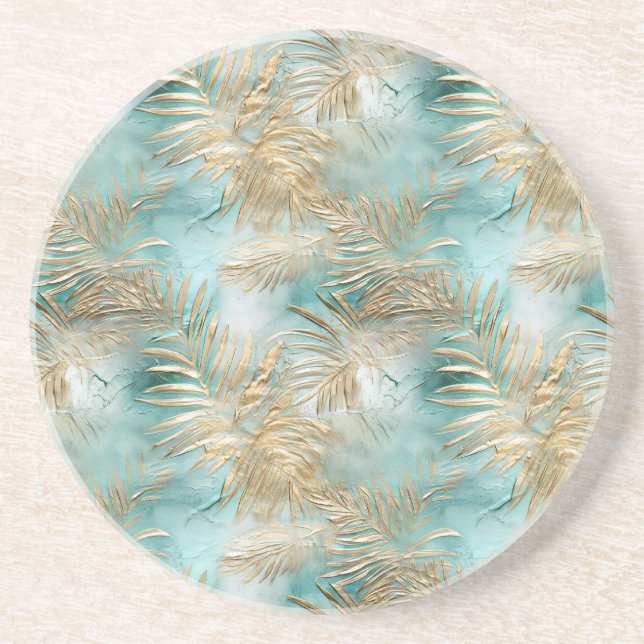 Posavasos Hojas tropicales blancas de oro Aqua (Frente)