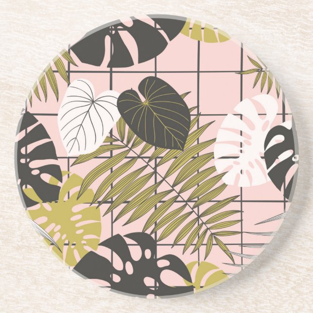 Posavasos Hojas tropicales, flores, patrón pintado a mano. (Frente)