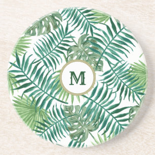 Posavasos Hojas verdes tropicales con monograma Personalizad