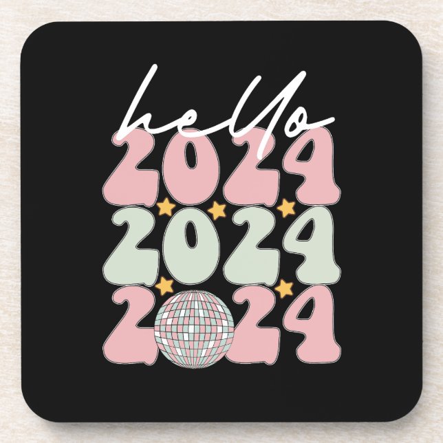 Posavasos Hola Navidades de Año Nuevo Groovy Happy 2024 (Frente)