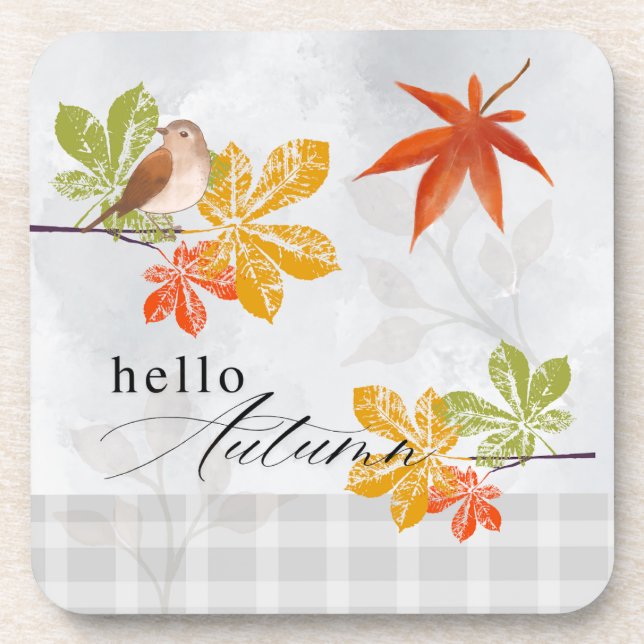 Posavasos Hola otoño con hojas de aves y caídas (Frente)