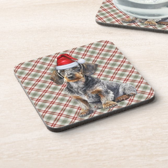 Posavasos Holiday Plaid Wire Hair Dachshund Santa Dog (Lado Izquierdo)