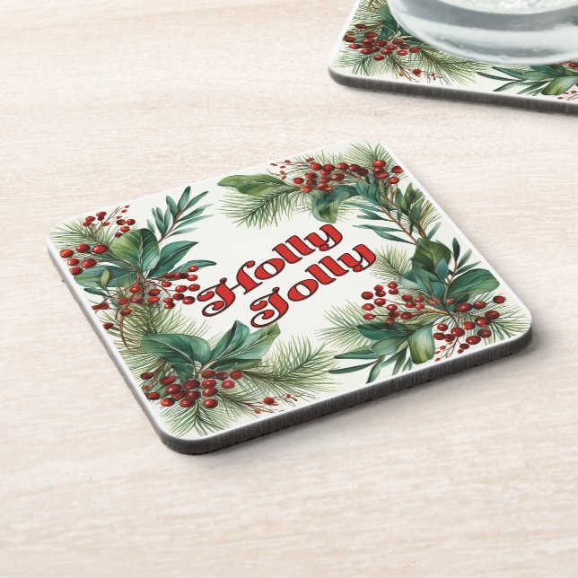 Posavasos "Holly Jolly" Navidades decorativos Script & Holly (Lado Izquierdo)