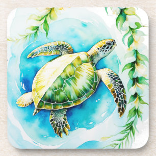 Posavasos Honu hawaiano con Plumeria y acuarela