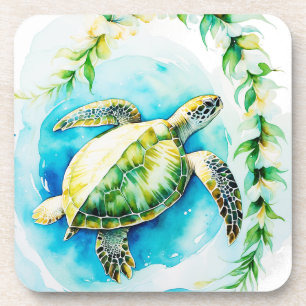 Posavasos Honu hawaiano con Plumeria y acuarela
