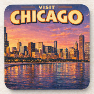 Posavasos horizonte de Chicago y lago Michigan al atardecer