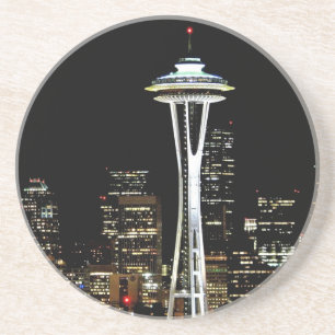 Posavasos Horizonte de Seattle en la noche, con la aguja del