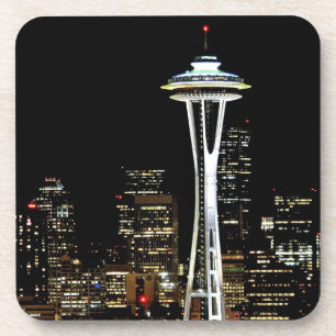 Posavasos Horizonte de Seattle en la noche, con la aguja del