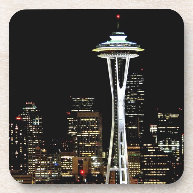 Posavasos Horizonte de Seattle en la noche, con la aguja del (Frente)