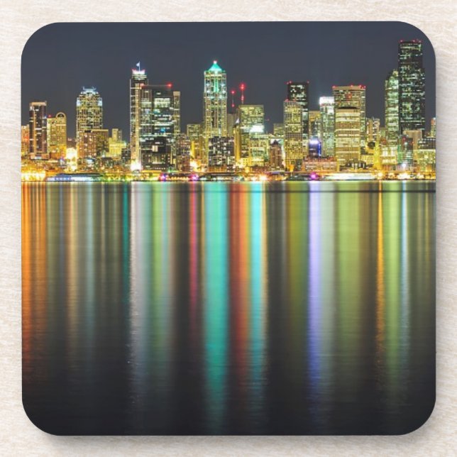 Posavasos Horizonte de Seattle en la noche con la reflexión (Frente)