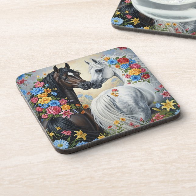 Posavasos  Horses framed in flowers Coaster (Lado Izquierdo)