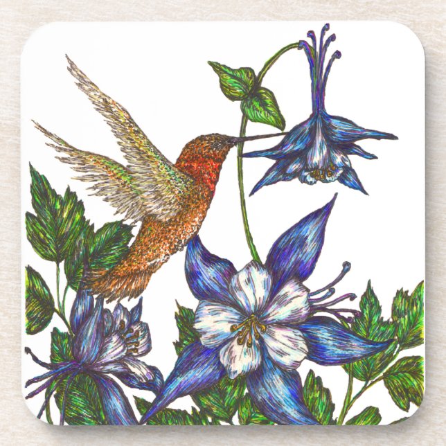 Posavasos Hummingbird rufoso con Columbines (Frente)