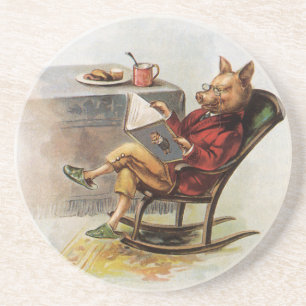 Posavasos Humor Antiguo, Cerdo en Silla Mecedora Leyendo un 