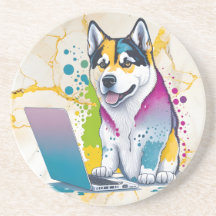 Husky Dog Computer Rainbow Watercolor Tech Savvy