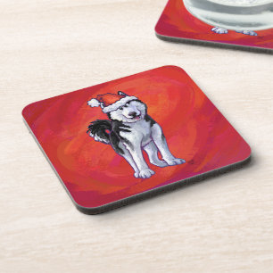 Posavasos Husky en Santa Hat en rojo