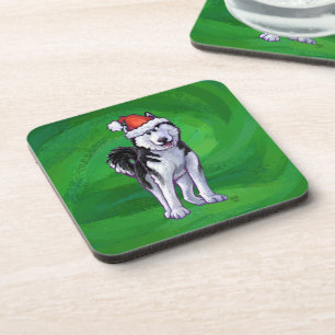 Posavasos Husky festivo con sombrero de Santa en verde
