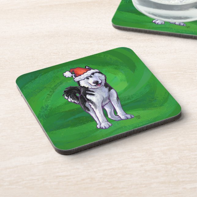 Posavasos Husky festivo con sombrero de Santa en verde (Lado Izquierdo)