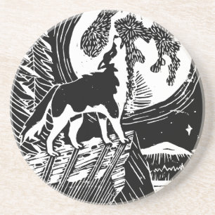 Posavasos Husky negro y blanco en el Linocut nocturno