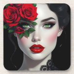 Posavasos I Love You | Beautiful Woman with Red Rose<br><div class="desc">Coaster with a beautiful black and white illustration of a pretty woman with a red rose and red lipstick.</div>