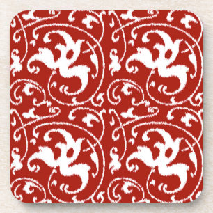 Posavasos Ikat Floral Damask - Blanco y rojo oscuro
