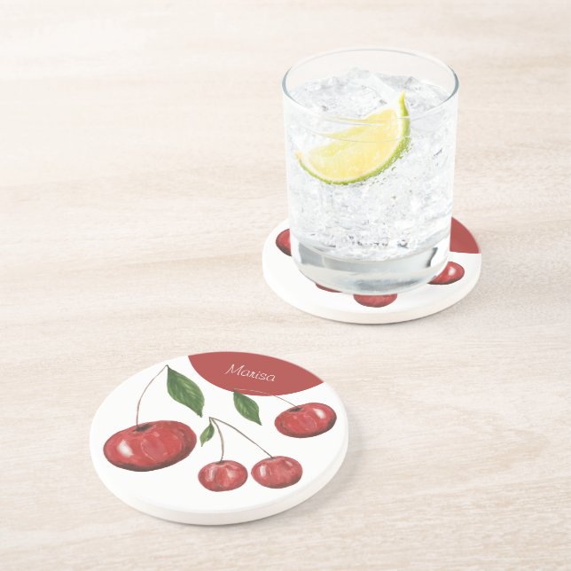 Posavasos Ilustracion acuarela de cerezas dulces monogramado (Lado)