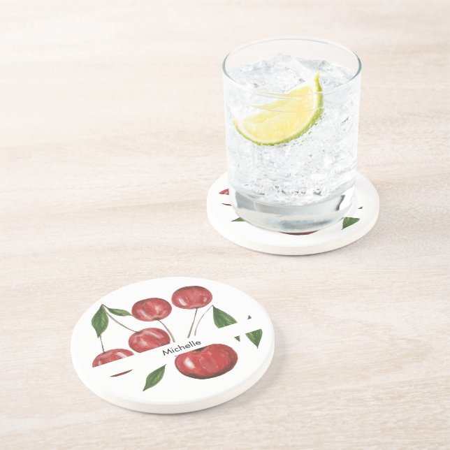Posavasos Ilustracion acuarela de cerezas dulces monogramado (Lado)