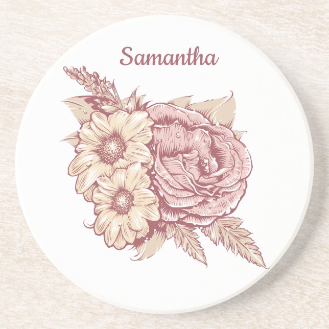 Posavasos Ilustracion de flores nombre personalizado sandsto (Frente)