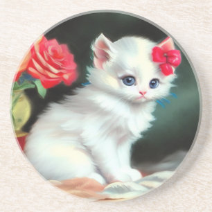 Posavasos Ilustracion de gatito blanco con flores rojas