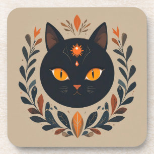 Posavasos Ilustración de gato negro con ojos vibrantes