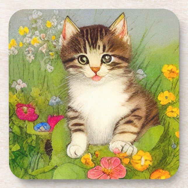 Posavasos Ilustracion de gato sonriente vintage (Frente)