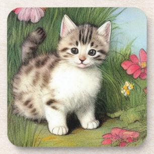 Posavasos Ilustracion de gato vintage con flores rojas