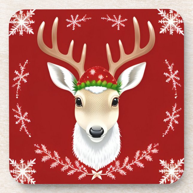 Posavasos Ilustracion de renos festivos con fondo rojo (Frente)