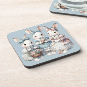 Posavasos Ilustración en acuarela de conejitas hermanas en u
