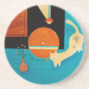 Posavasos Ilustración Retro de Gato Estirándose en Disco