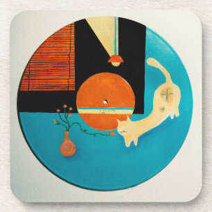 Posavasos Ilustración Retro de Gato Estirándose en Disco