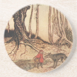 Posavasos Ilustración vintage de Caperucita Roja y el lobo d