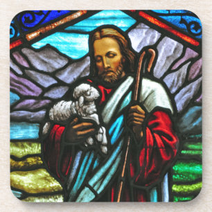 Posavasos Imagen de vidrio manchado de Jesús y corderos
