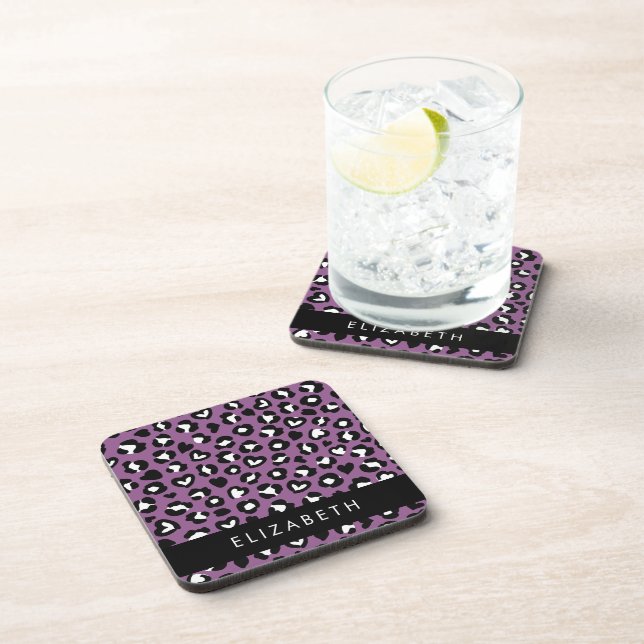 Posavasos Impresión animal, leopardo morado, corazón, tu nom (Lado Derecho)