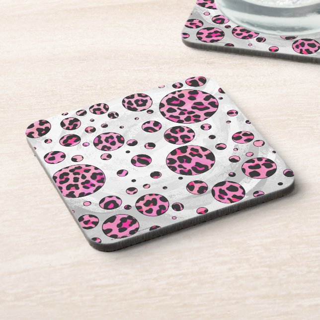 Posavasos Impresión de dot de polka leopardo negro y rosa ca (Lado Izquierdo)
