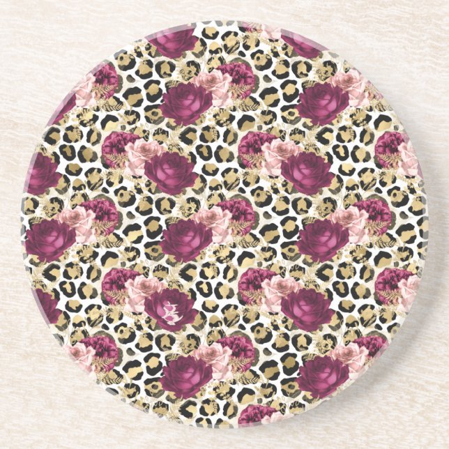 Posavasos Impresión de Leopardo Floral Rosa Girly Gold (Frente)