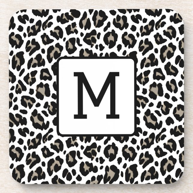 Posavasos Impresión monogramada de leopardo negro y blanco (Frente)