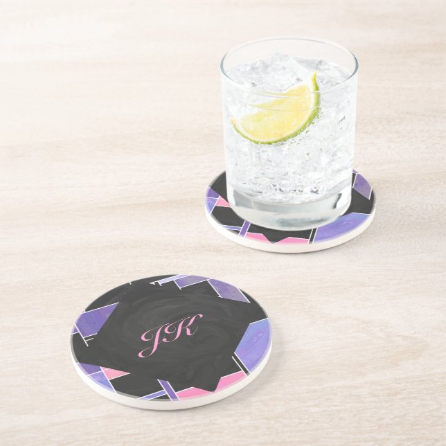 Posavasos Impresión negra mondriana morada rosada (Lado)