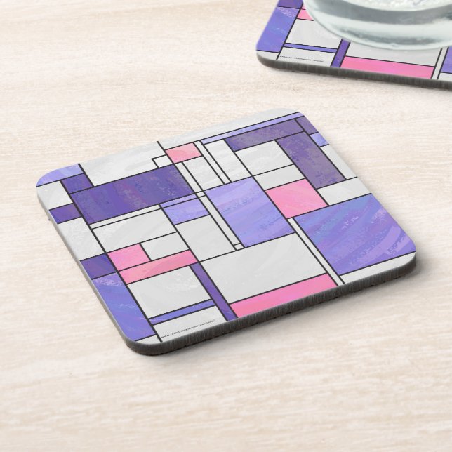 Posavasos Impresión rosa púrpura blanca de Mondrian (Lado Izquierdo)